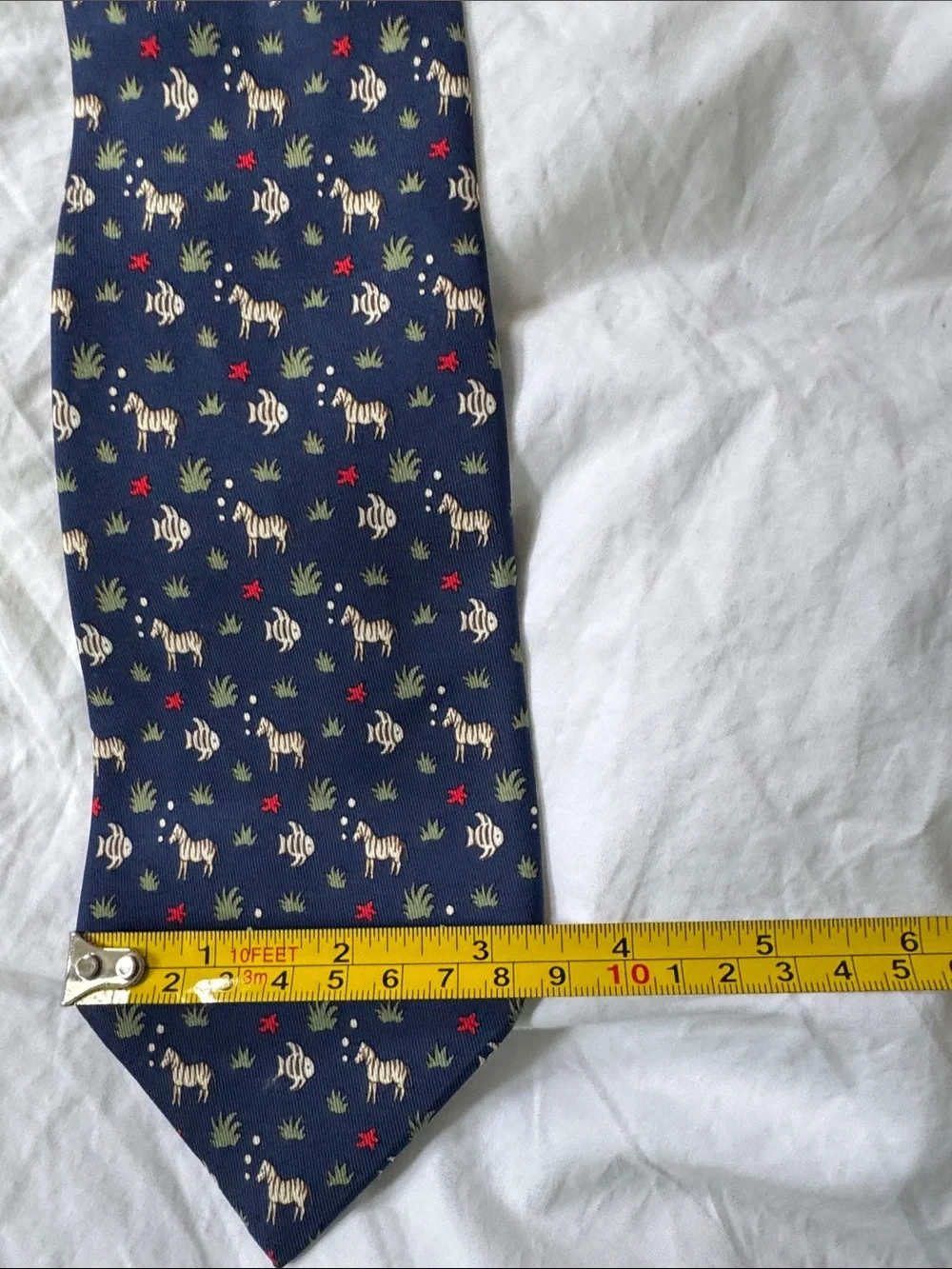 Hermès, navy silk necktie with fish and zebras and starfish MINT